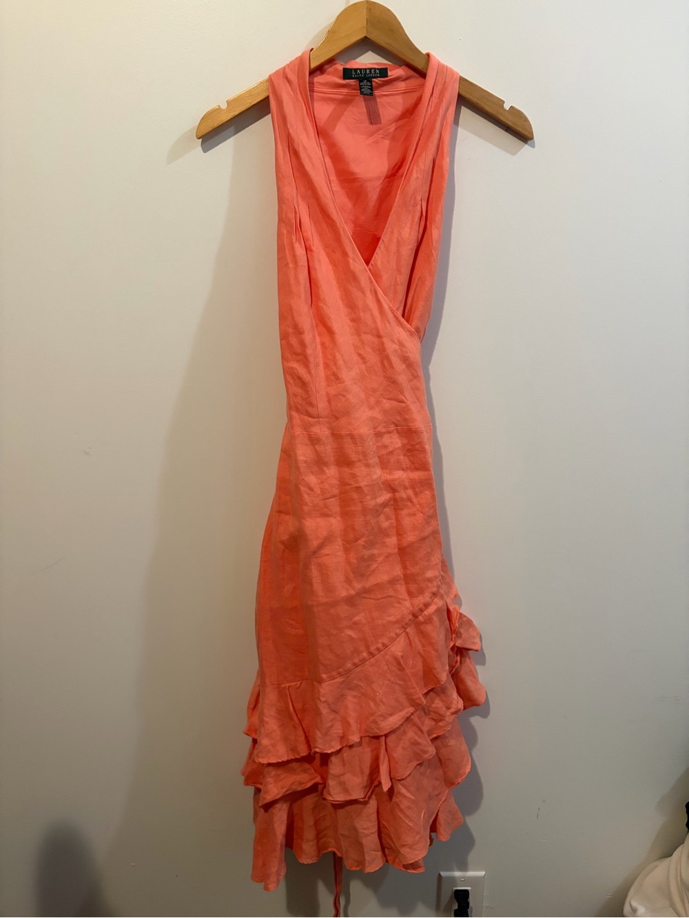 Ralph Lauren Peach 100% Linen A-Line Ruffle Halter Midi Wrap Sun Dress Size 12